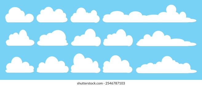 Coleção de ilustrações de nuvens brancas. Vetor conjunto de nuvens de desenhos animados em design plano.Nuvem.