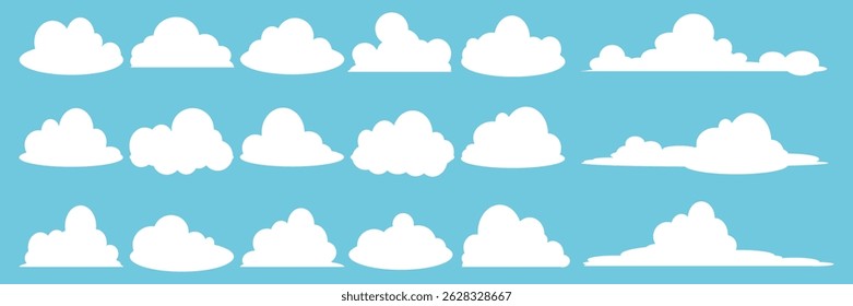 Coleção de ilustrações de nuvens brancas. Vetor conjunto de nuvens de desenhos animados em design plano.Nuvem.
