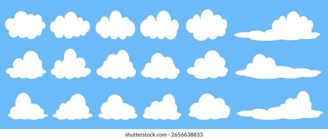 Coleção de ilustrações de nuvens brancas. Vetor conjunto de nuvens de desenhos animados em design plano.Nuvem.