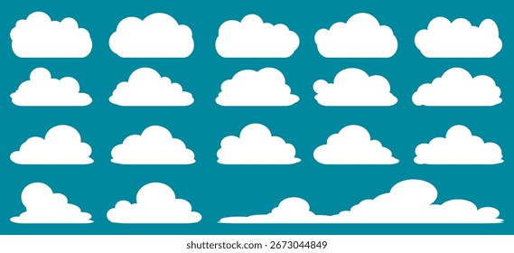 Coleção de ilustrações de nuvens brancas. Vetor conjunto de nuvens de desenhos animados em design plano.Nuvem.