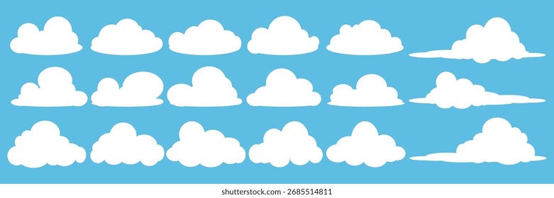 Colección de ilustraciones de nube blanca. Conjunto de Vector de nubes de dibujos animados en diseño plano.