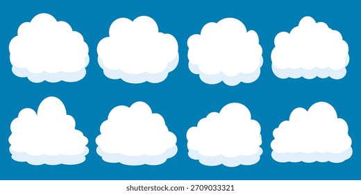 Colección de ilustraciones de nube blanca. Conjunto de Vector de nubes de dibujos animados en diseño plano.