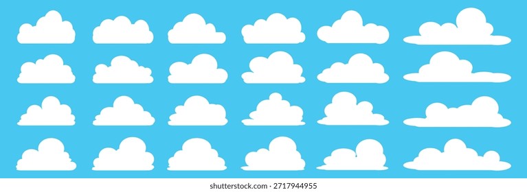 Colección de ilustraciones de nube blanca. Conjunto de Vector de nubes de dibujos animados en diseño plano.