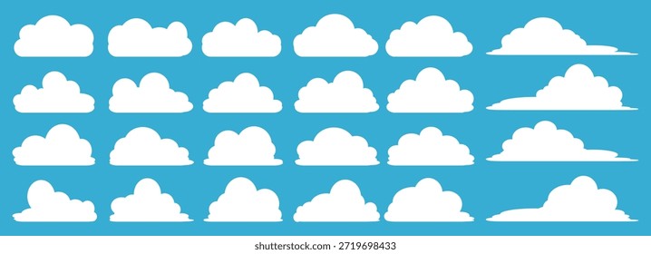 Colección de ilustraciones de nube blanca. Conjunto de Vector de nubes de dibujos animados en diseño plano.