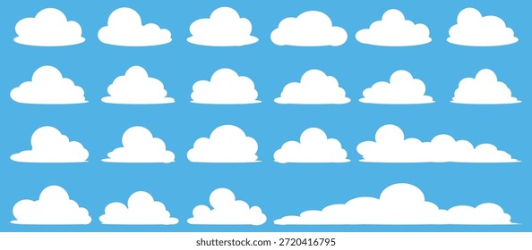 Colección de ilustraciones de nube blanca. Conjunto de Vector de nubes de dibujos animados en diseño plano.