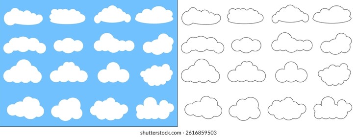 Collection of white clouds illustrations. Vector set of cartoon clouds in flat design.Clouds with rain.PNG