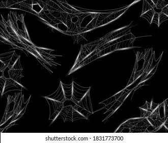 Collection of white cobweb isolated on dark background. Intricate spider web, halloween concept. 3d vector illustration.