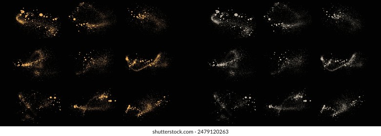 Collection of white color splatter texture and gold glitter confetti isolated dust background