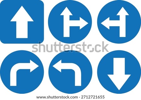 Collection of white directional arrows on blue circles for navigation and wayfinding purposes on a pure transparent background