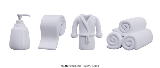 Collection with white elements for bathroom. Cream for body, toilet paper, bathrobe and rolls of towels. Clean and washing. Vector illustration in 3d style