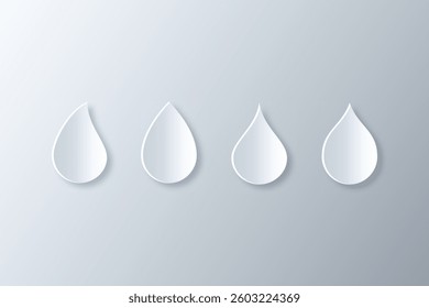 collection of white falling water drop icons made in papercut style with shadows and highlights