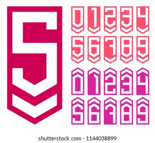 Collection of the white flat digits with isometric down arrow and up arrow vector on crimson plate; Numbers for tag or label; Level up