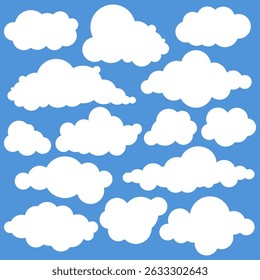 Collection white fluffy cartoon cloud illustration in flat vector style isolated on blue background. Set of bubble clouds shape for use in childrens books, educational materials, web weather design