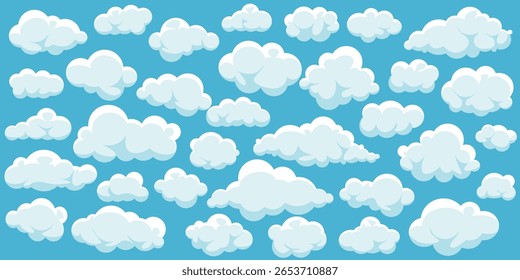 Collection of white fluffy soft clouds illustrated in playful cartoon style against bright blue sky, perfect shape for game bulk cloud background, children clouds themes or weather designs. Vector set