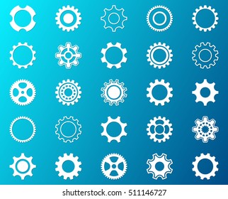 Collection of white gear wheel icons on blue