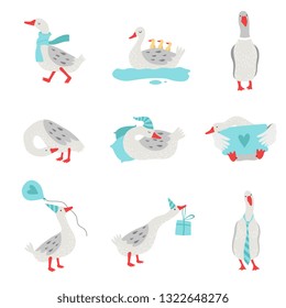 Collection of White Geese in Different Situations, Cute Birds Cartoon Characters Vector Illustration