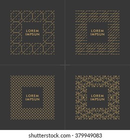 Collection of white geometric Frames  in trendy mono line style. Luxury Monogram and Emblem Elements.Golden frame design.Linear,art deco,vintage,hipster style.Vector illustration.Isolated on black