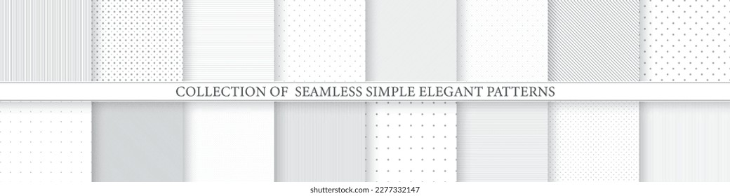 Collection of white geometric seamless patterns - minimalistic light design. Simple dotted and striped textures - elegant backgrounds. Unusual textile repeatable prints