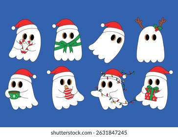 collection of white ghost wearing santa hat and celebrating christmas with candy cane, ribbon, antlers, enjoy hot chocolate, wrapping with christmas light, holding gift box illustration