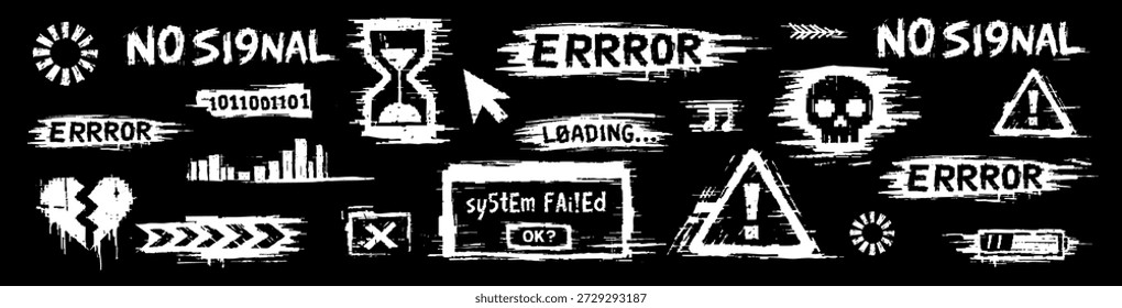 Colección de iconos e Mensajes de error de computadora con fallos blancos sobre un fondo negro. Pixel art afligido para el fallo del sistema y la carga de símbolos.