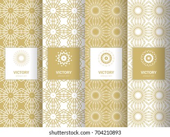 Collection of white and golden backgrounds. Set of labels, icons, logos and seamless patterns. Templates with luxury foil for packaging.