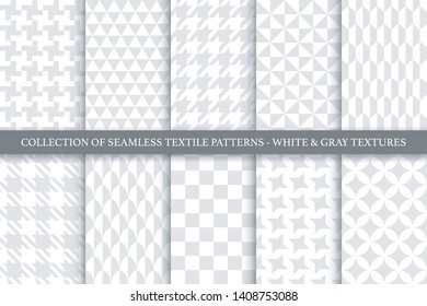 Collection of white and gray textile seamless textures. Geometric repeatable fabric backgrounds. Vector cloth patterns
