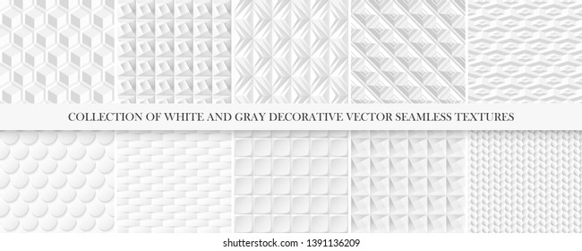 Collection of white and gray tile seamless decorative textures. Geometric repeatable backgrounds. Elegant vector 3d ceramic patterns.