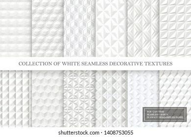 Collection of white and gray tile seamless decorative textures. Geometric repeatable backgrounds. Vector 3d patterns.