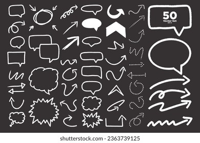 Collection of white grunge hand drawn arrows and speech bubbles isolated on black background. Vector Illustration. 