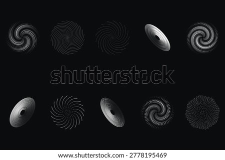 Collection of white halftone swirls and elliptical forms on black background, abstract pattern