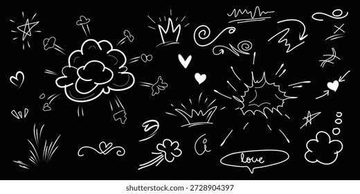 Colección de Elementos de doodle dibujados a mano blancos que incluyen varias explosiones corazones flechas estrellas remolinos florece e íconos de corona dibujados sobre un fondo negro sólido para acentos de diseño.