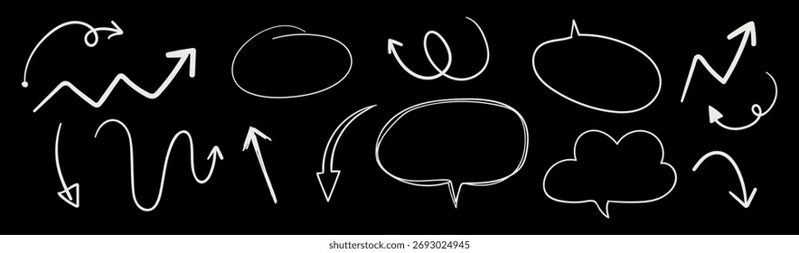 Collection of white hand-drawn arrows and speech bubbles on a black background. Various arrow styles and speech bubble shapes, emphasizing dynamic and creative design. Isolated vector element set.