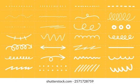 Collection of white hand-drawn lines on a yellow background. Includes wavy lines, zigzag lines, and curly lines. Perfect for design, sketch, and doodle projects. White doodle elements, vector set.