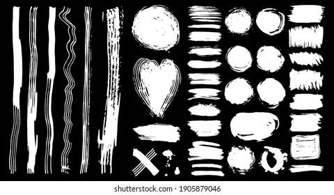 collection white heart cross brush strokes lines round spot, abstract scandinavian style on Black background grunge texture. trend of the season. Card design elements paint stain. Vector