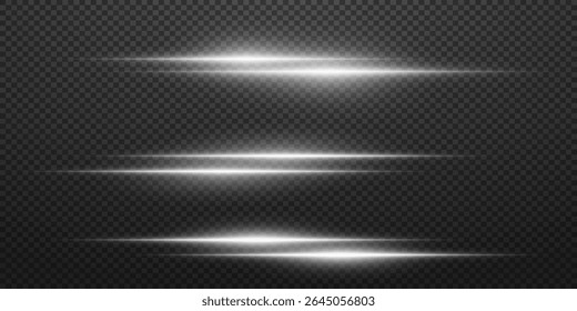 Collection of white horizontal glare. Laser beams of light, horizontal beams of light.EPS 10.