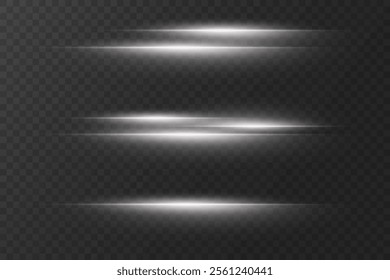 Collection of white horizontal lines of light, laser beam flash. On a transparent background.