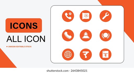 A collection of white icons on orange circles, including phone, wrench, globe, and other symbols, presented on a white background.