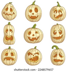 Sammlung weißer Kürbisse von Jack-o'-Laterne zu Halloween. Zeichensatz mit unterschiedlichen Gesichtsausdrücken. Cartoon Illustrationen für die Feriendekoration. Videokarte für Karte, Plakat, Aufkleber