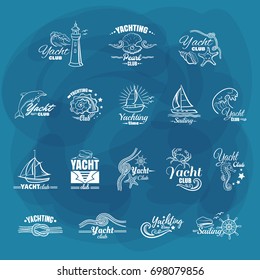 Collection of white labels for yacht club or sailing sport isolated on blue background. Can be used for posters, banners or t shirts. Vector illustration