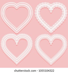 Collection of white Lacy frames in the shape of heart. Openwork lace vintage elements isolated on a pink background. Vector illustration.