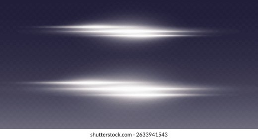 Collection of white laser light lines, neon effect. On a transparent background.