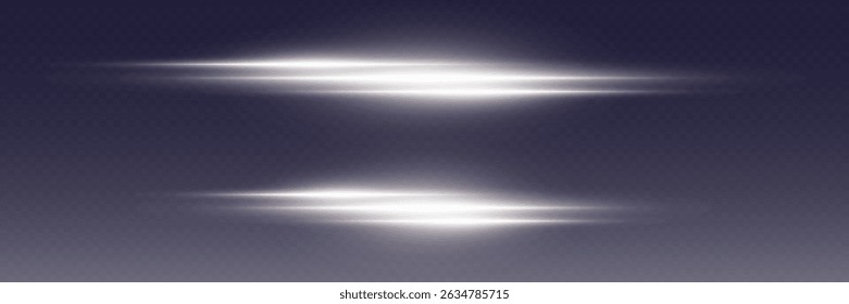 Collection of white laser light lines, neon effect. On a transparent background.