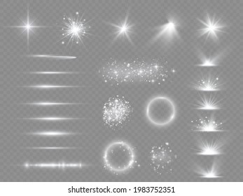 Collection white light effect on a transparent background. Spotlights, flare, explosion and stars. Laser beams, horizontal light rays. Sparkling white dust. Vector illustration, eps 10.