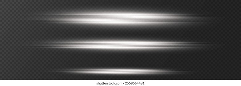 Collection of white light effects, line flare and flash, horizontal beam. On a transparent background.