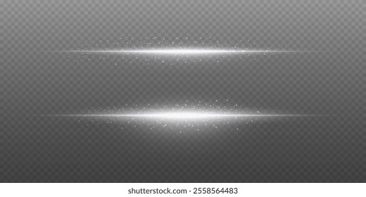 Collection of white light effects, line flare and flash, horizontal beam. On a transparent background.