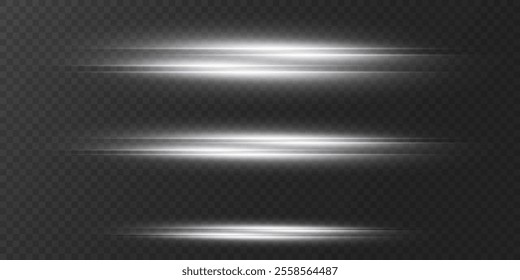 Collection of white light effects, line flare and flash, horizontal beam. On a transparent background.