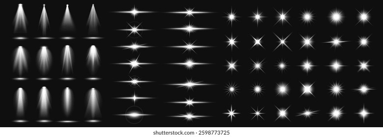 Collection of white light effects on black background. Includes spotlights, starbursts, and flares. Light effects create dynamic, glowing visuals. Overlay effect vector element set.