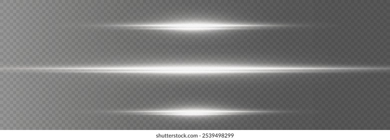 Collection of white light lines, laser horizontal effect. On a transparent background.