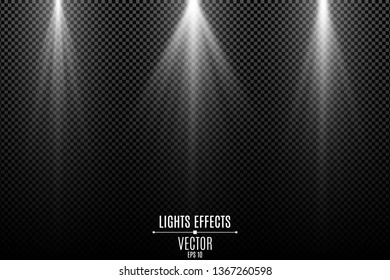 Colección de efectos de luces blancas aislados en un fondo transparente oscuro. Rayos blancos y elegantes. Vigas de luz. Neon brillando. Ilustración vectorial. EPS 10.