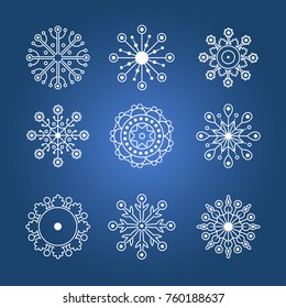 Collection of white  linear snowflakes.Isolated on blue background.Vector elements.
